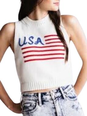 Le Lis USA Flag Knit Cropped Sweater Vest Womens L Patriotic Americana Red White